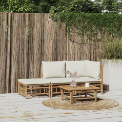 3 Pcs conjunto lounge de jardim bambu c/ almofadões branco nata