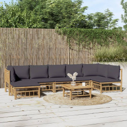 8Pcs conj. lounge de jardim bambu c/ almofadões cinzento-escuro