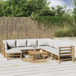 9 Pcs conj. lounge de jardim bambu c/ almofadões cinzento-claro