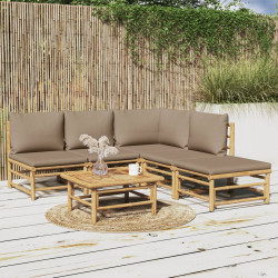 6 Pcs conj. lounge jardim bambu almofadões cinzento-acastanhado