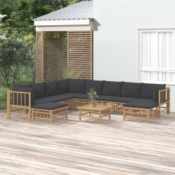 11Pcs conj. lounge de jardim bambu + almofadões cinzento-escuro