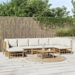8 Pcs conjunto lounge de jardim bambu c/ almofadões branco nata