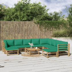 11 Pcs conjunto lounge de jardim bambu c/ almofadões verdes
