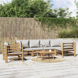 7 Pcs conj. lounge de jardim bambu c/ almofadões cinzento-claro