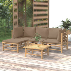 5 Pcs conj. lounge jardim bambu almofadões cinzento-acastanhado
