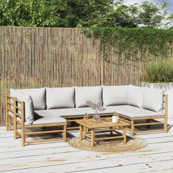 7 Pcs conj. lounge de jardim bambu c/ almofadões cinzento-claro