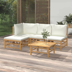 5 Pcs conjunto lounge de jardim bambu c/ almofadões branco nata