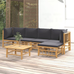 6 Pcs conjunto lounge jardim bambu c/ almofadões cinza-escuro