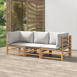 3 Pcs conj. lounge de jardim bambu c/ almofadões cinzento-claro