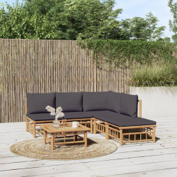 6 Pcs conjunto lounge jardim bambu c/ almofadões cinza-escuro