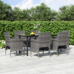 7 Pcs conjunto de jantar p/ jardim c/ almofadões cinza e preto