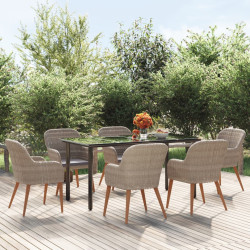 7 Pcs conjunto de jantar para jardim com almofadões castanho