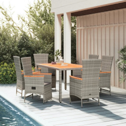 7 Pcs conjunto de jantar p/ jardim c/ almofadões vime PE cinza