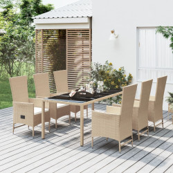 7 Pcs conjunto de jantar p/ jardim com almofadões vime PE bege
