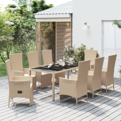 9 Pcs conjunto de jantar p/ jardim com almofadões vime PE bege
