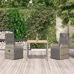 3 Pcs conjunto de jantar p/ jardim c/ almofadões vime PE cinza