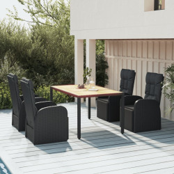 5 Pcs conjunto de jantar p/ jardim vime PE/acácia maciça preto