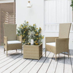 3 Pcs conjunto lounge para jardim vime PE e aço bege
