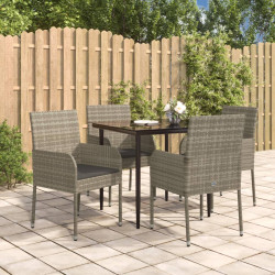 5 Pcs conjunto jantar jardim c/ almofadões vime PE preto/cinza