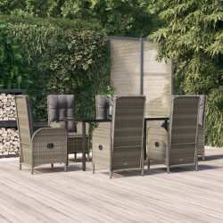 7 Pcs conjunto jantar jardim c/ almofadões vime PE preto/cinza