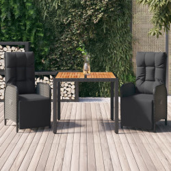 3 Pcs conjunto de jantar p/ jardim c/ almofadões vime PE preto