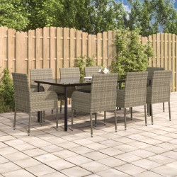 9 Pcs conjunto jantar jardim c/ almofadões vime PE preto/cinza