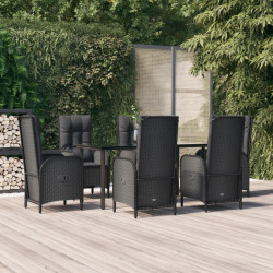 7 Pcs conjunto de jantar p/ jardim c/ almofadões vime PE preto