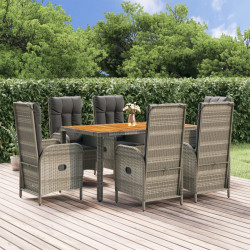 7 Pcs conjunto de jantar p/ jardim c/ almofadões vime PE cinza