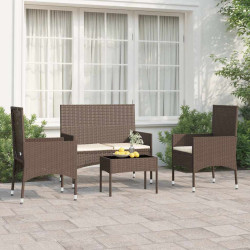 4 Pcs conjunto lounge jardim c/ almofadões vime PE castanho