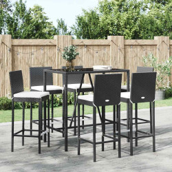 7 Pcs conjunto de bar para jardim c/ almofadões vime PE preto