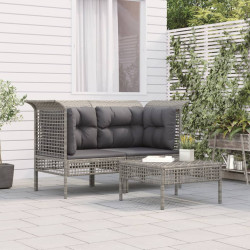 3 Pcs conjunto lounge de jardim c/ almofadões vime PE cinzento