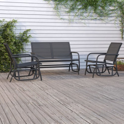 3 Pcs conj. lounge oscilante para jardim textilene e aço preto