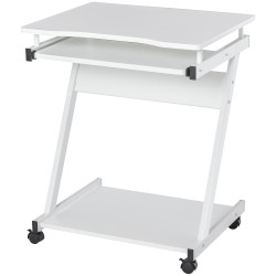 Mesa de computador com rodas 60x48 cm com gaveta deslizante para teclado e prateleira inferior estrutura metálica branca