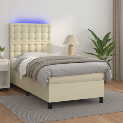 Cama box spring c/ colchão/LED 90x200 cm couro artificial creme