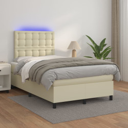 Cama box spring c/ colchão/LED 120x200cm couro artificial creme