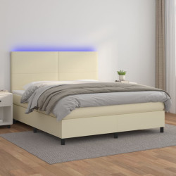 Cama box spring c/ colchão/LED 180x200cm couro artificial creme