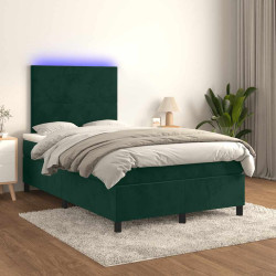 Cama box spring c/ colchão/LED 120x200 cm veludo verde-escuro