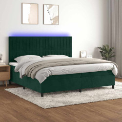 Cama box spring c/ colchão/LED 200x200 cm veludo verde-escuro