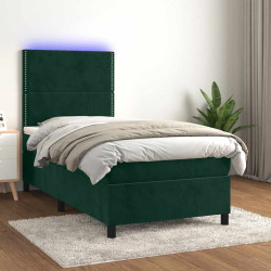 Cama box spring c/ colchão/LED 90x200 cm veludo verde-escuro