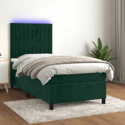 Cama box spring c/ colchão/LED 90x200 cm veludo verde-escuro