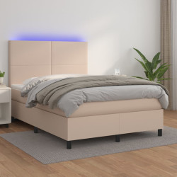 Cama box spring c/colchão/LED 140x190cm couro artif. cappuccino