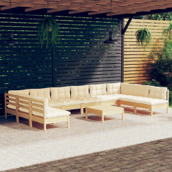 11 Pcs conjunto lounge jardim c/ almofadões creme pinho maciço