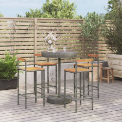 5 Pcs conjunto de bar p/ jardim vime PE/acácia maciça cinzento