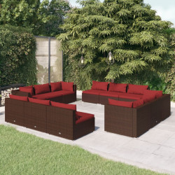 12 Pcs conjunto lounge jardim c/ almofadões vime PE castanho