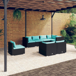 8 Pcs conjunto lounge de jardim c/ almofadões vime PE preto