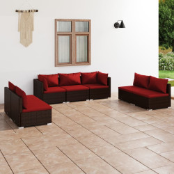 7 Pcs conjunto lounge jardim c/ almofadões vime PE castanho