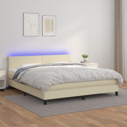 Cama box spring c/ colchão/LED 180x200cm couro artificial creme