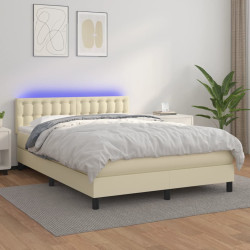 Cama box spring c/ colchão/LED 140x190cm couro artificial creme