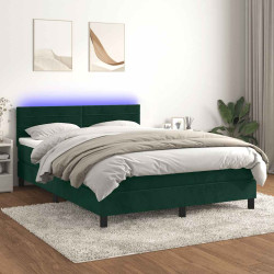Cama box spring c/ colchão/LED 140x190 cm veludo verde-escuro