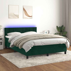 Cama box spring c/ colchão/LED 140x200 cm veludo verde-escuro